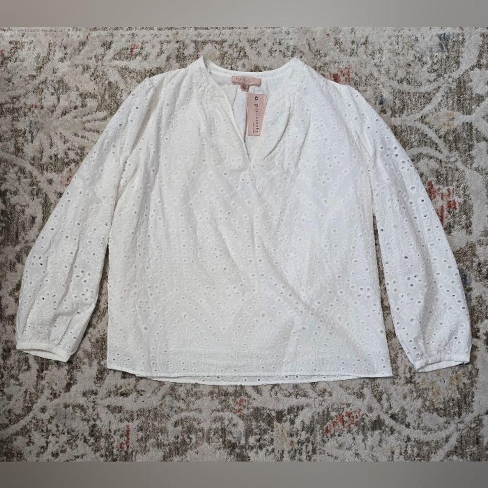 Philosophy Pixley White Eyelet V-Neck Long Sleeves Blouse Size XL-NWT